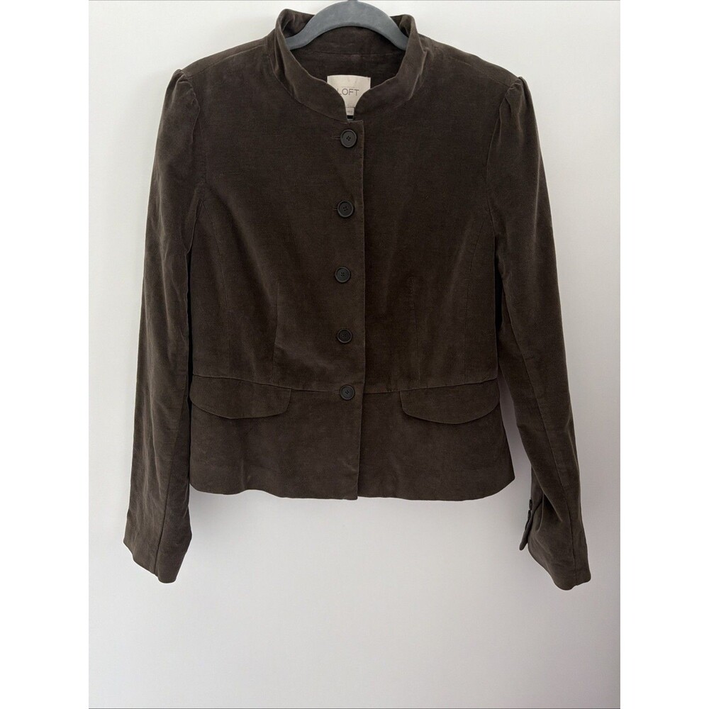 Vtg Ann Taylor Loft Velvet Blazer Peplum Jacket Woman’s 10 Brown Mandarin Collar - Picture 2 of 12